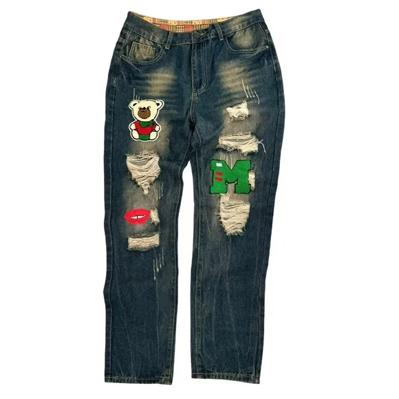 Cool Patchwork Streetwear Mens Jeans Size 32 - Picture 1 of 11